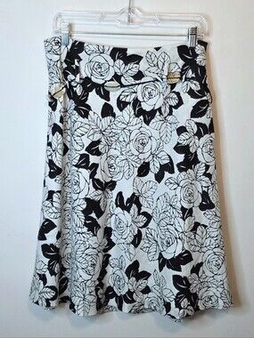 Nine & Company Floral Black White Linen Blend A-Line Skirt Size 8 Whimsical